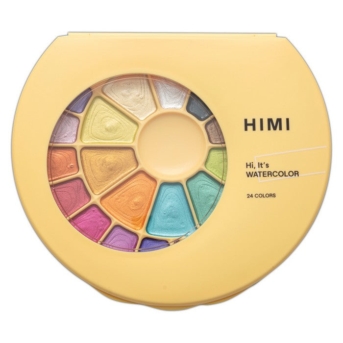 HIMI Semi-Moist Watercolour Set - 24 Colours in Pans + Brush (Yellow Case - Metallic Edition)