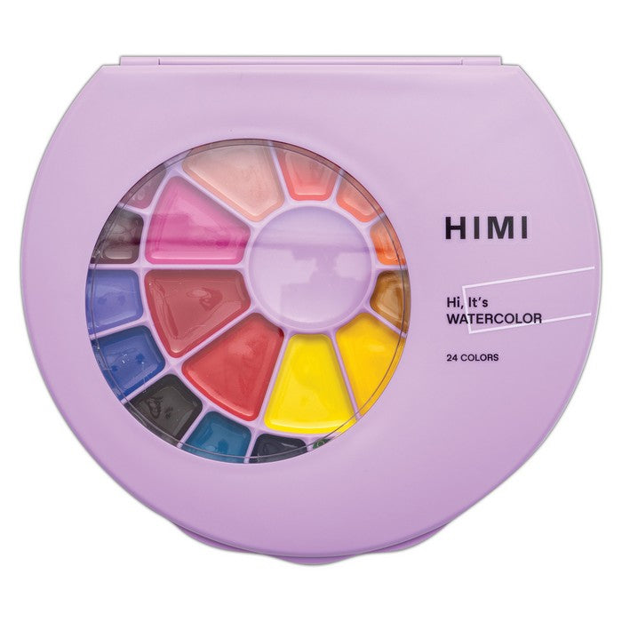 HIMI Semi-Moist Watercolour Set - 24 Colours in Pans + Brush (Purple Case Edition)