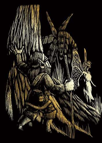 Engraving Art Gold Gnome and Fairy