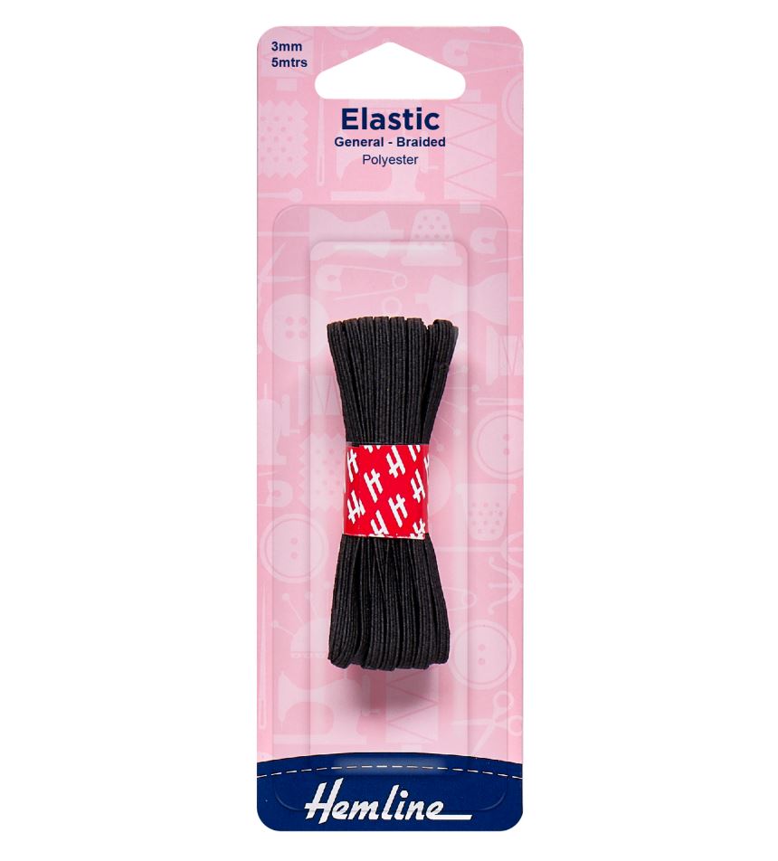 Hemline General Purpose Braided Elastic 5m x 3mm Black