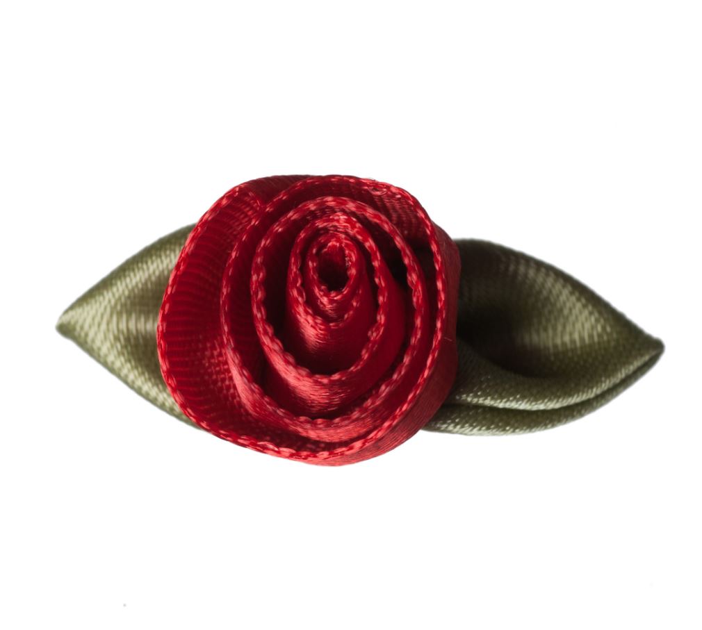 Large Ribbon Rose with Leaves - Red 1pc