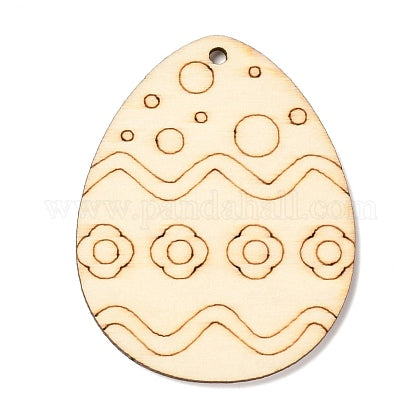 Wooden Easter Egg Shape Cutouts Pendants, Flower Pattern, Hole: 2.5~3mm