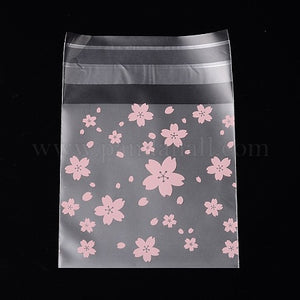 Rectangle Cellophane Bags, with Floral Pattern, Pearl Pink