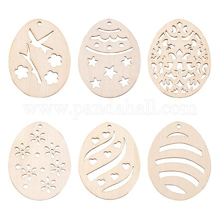 6 Style Undyed Natural Wooden Easter Egg Ornaments, 67.5x52x2.5mm, Hole: 2mm