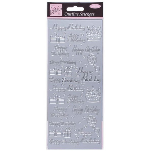 Anitas Outline Stickers Happy Birthday Assorted Silver