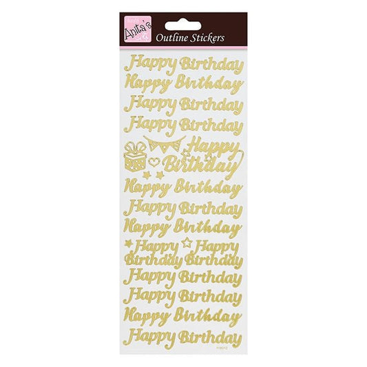 Anitas Outline Stickers Happy Birthday Gold on White