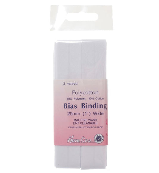 PolyCotton Bias Binding 25mm 2.5m - White