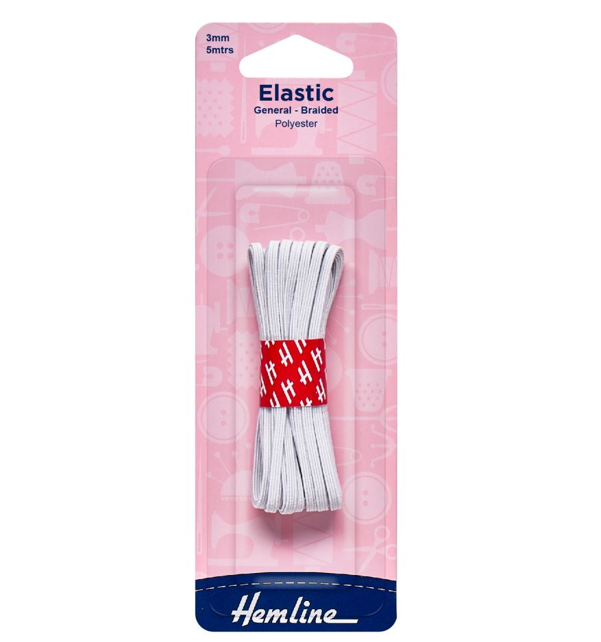 Hemline General Purpose Braided Elastic: 5m x 3mm: White