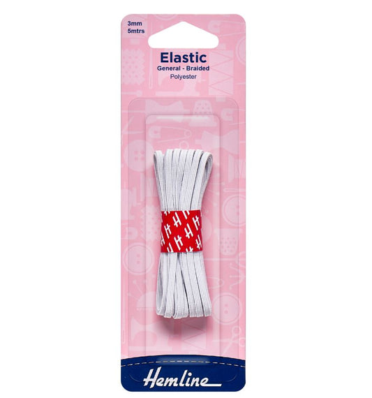 Hemline General Purpose Braided Elastic: 5m x 3mm: White
