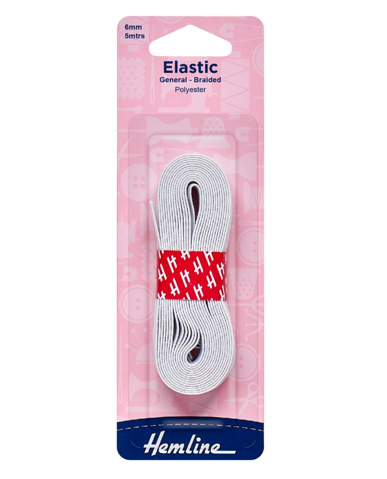 Hemline General Purpose Braided Elastic 5m x 6mm White