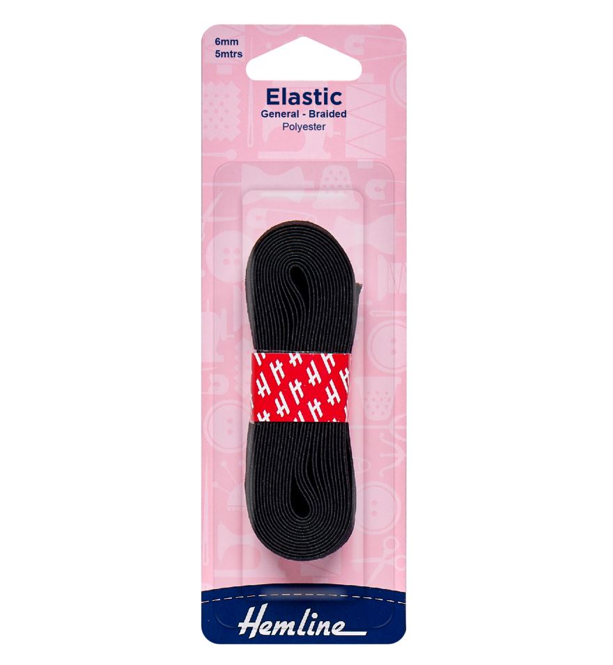 Hemline General Purpose Braided Elastic Black 5m x 6mm